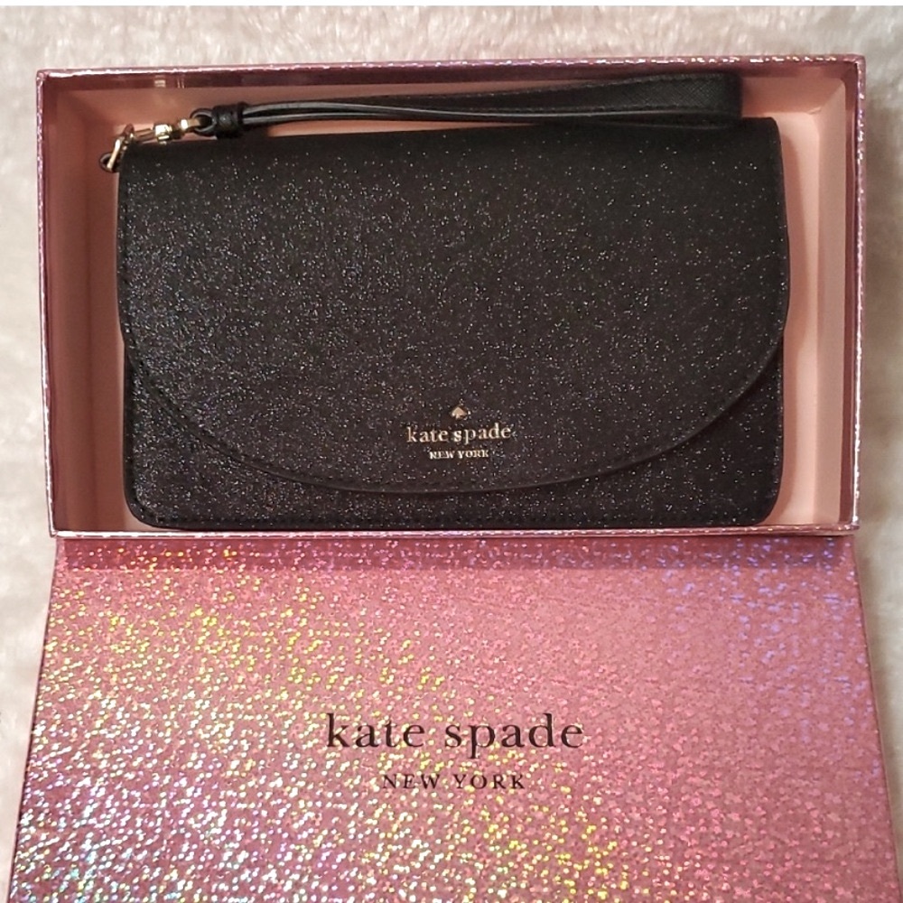 KATE SPADE NWT Joeley Multifunction Wristlet Wallet Black Sparkle Leather IN BOX - Picture 8 of 15